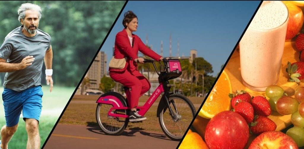 imagem com três divisões, na primeira um homem está correndo, na segunda uma mulher esta andando de bicicleta e na terceira uma bancada de frutas. A imagem representa as ações necessárias para sair do sedentarismo.