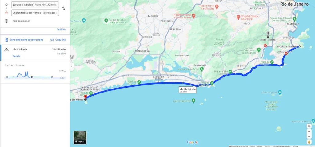 rota do google maps mostrando caminha a ser percorrido de bike do leme ao pontal.