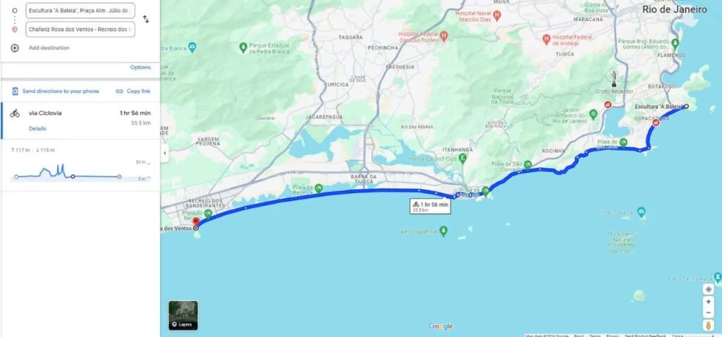 rota do google maps mostrando caminha a ser percorrido de bike do leme ao pontal.