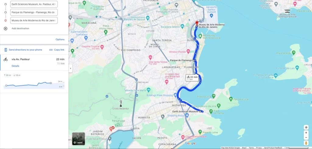 rota do google maps mostrando caminha a ser percorrido de bike do flamengo ate o museu do rj.